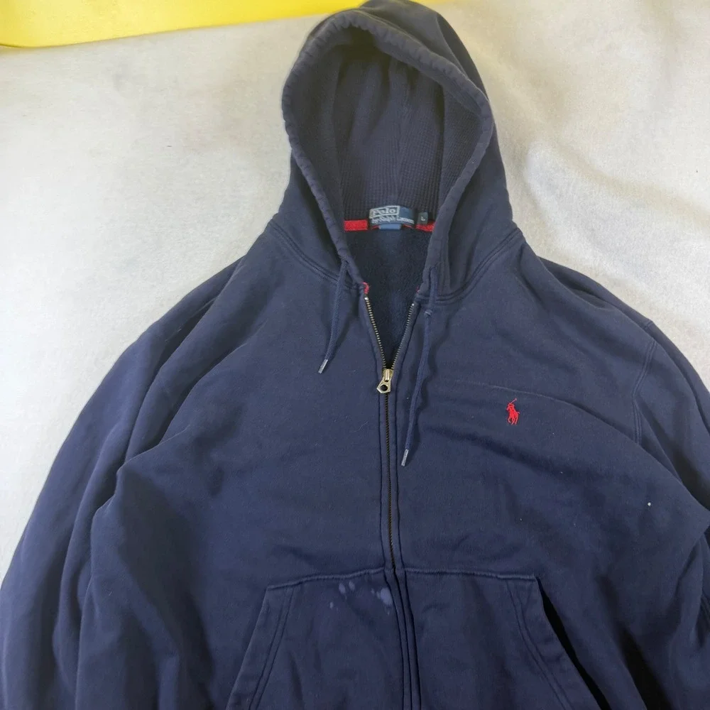 Polo Ralph Lauren Mens Navy Blue Full‎ Zip Hoodie Red Pony Logo Large Fleece